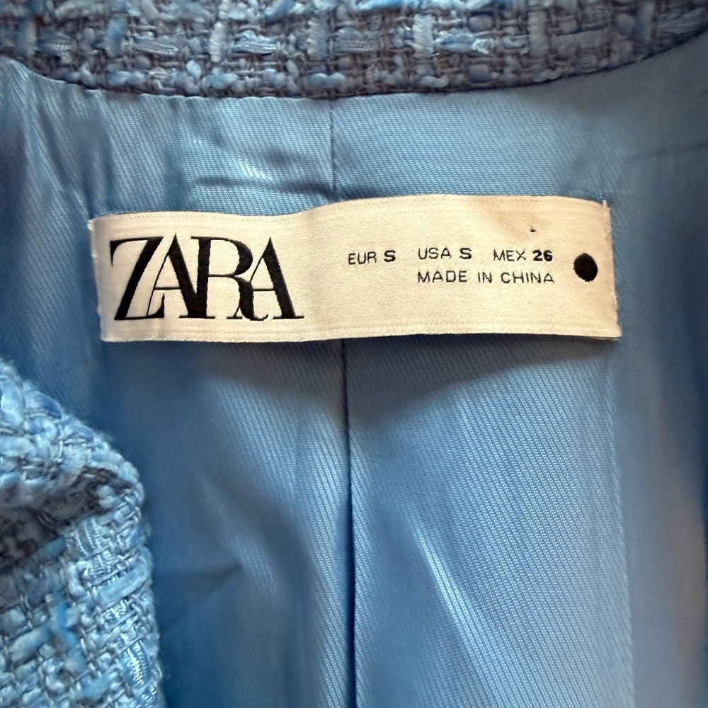 💙🦋Zara Blue Tweed Long Fitted Double Breasted Blazer Size Small🦋💙 - Picture 4 of 8